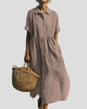 Collared Button-Up Pintuck Maxi Dress