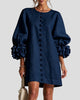 Round-Neck Floral-Cuff Button-Front Mini Dress