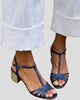 Metallic T-Strap Block Heel Sandals
