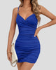 Wrap-Style V-Neck Slim-Strap Ruched-Back Mini Dress