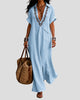Embroidered V-Neck Maxi Dress with Collar and Chest Pocket