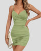 Wrap-Style V-Neck Slim-Strap Ruched-Back Mini Dress