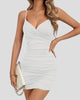 Wrap-Style V-Neck Slim-Strap Ruched-Back Mini Dress