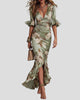 Floral V-Neck Flounce-Sleeve Maxi Dress with Ruffle Hem