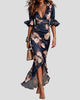 Floral V-Neck Flounce-Sleeve Maxi Dress with Ruffle Hem