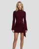 Long-Sleeve Ribbed Mock-Neck Draped Ring-Detail Mini Dress