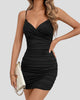 Wrap-Style V-Neck Slim-Strap Ruched-Back Mini Dress