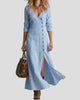 Long-Sleeve Button-Front V-Neck Maxi Dress