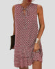 Sleeveless Keyhole Tie-Neck Printed Ruffle Mini Dress