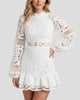 Lace Long-Sleeve High-Neck Tiered Ruffle Mini Dress