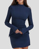 Long-Sleeve High-Neck Fitted Mini Dress