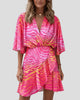 Printed Wrap V-Neck Flared-Sleeve Ruffle Mini Dress