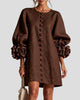 Round-Neck Floral-Cuff Button-Front Mini Dress