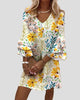 V-Neck Printed Mini Dress with Layered Bell Sleeves