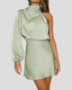 Satin-Look One-Shoulder Long-Sleeve High-Neck Mini Dress