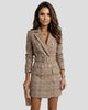 Long-Sleeve Double-Breasted Belted Checked Blazer Mini Dress