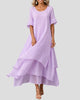 Layered Short-Sleeve Maxi Sundress with Round Neckline