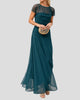 Navy Short-Sleeve Ruched Maxi Dress with Sheer Neckline