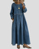 Relaxed Denim-Look Maxi Dress with Round Neckline and Three-Quarter Sleeves