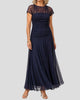 Navy Short-Sleeve Ruched Maxi Dress with Sheer Neckline
