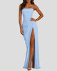 Elegant Strapless Draped Corset Maxi Dress with Split