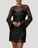 Sequin Long-Sleeve Sheer Mesh Overlay Mini Dress