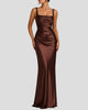 Square-Neck Ruched Satin Maxi Dress