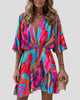 Printed Wrap V-Neck Flared-Sleeve Ruffle Mini Dress