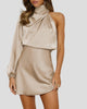 Satin-Look One-Shoulder Long-Sleeve High-Neck Mini Dress