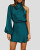 Satin-Look One-Shoulder Long-Sleeve High-Neck Mini Dress