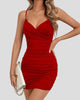 Wrap-Style V-Neck Slim-Strap Ruched-Back Mini Dress