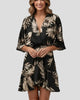 Printed Wrap V-Neck Flared-Sleeve Ruffle Mini Dress