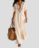 Embroidered V-Neck Maxi Dress with Collar and Chest Pocket