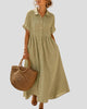 Collared Button-Up Pintuck Maxi Dress