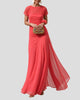 Navy Short-Sleeve Ruched Maxi Dress with Sheer Neckline