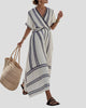Striped Wrap Maxi Dress with V-Neckline and Short Sleeves