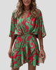 Printed Wrap V-Neck Flared-Sleeve Ruffle Mini Dress
