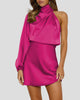 Satin-Look One-Shoulder Long-Sleeve High-Neck Mini Dress