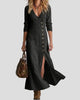 Long-Sleeve Button-Front V-Neck Maxi Dress