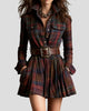 Plaid Long-Sleeve Button-Up Collared Mini Dress