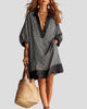 Striped Leopard Print Trim V-Neck Collared Mini Dress