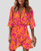 Printed Wrap V-Neck Flared-Sleeve Ruffle Mini Dress
