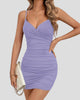 Wrap-Style V-Neck Slim-Strap Ruched-Back Mini Dress