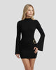Long-Sleeve Ribbed Mock-Neck Draped Ring-Detail Mini Dress