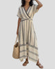 Striped Wrap Maxi Dress with V-Neckline and Short Sleeves