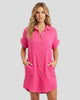Short-Sleeve Collared Button-Up Pocket Mini Dress