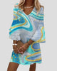 V-Neck Marble Print Bell Sleeve Mini Dress
