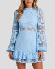 Lace Long-Sleeve High-Neck Tiered Ruffle Mini Dress