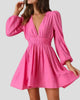 Plunge V-Neck Long-Sleeve Mini Dress with Smocked Waist