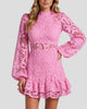 Lace Long-Sleeve High-Neck Tiered Ruffle Mini Dress